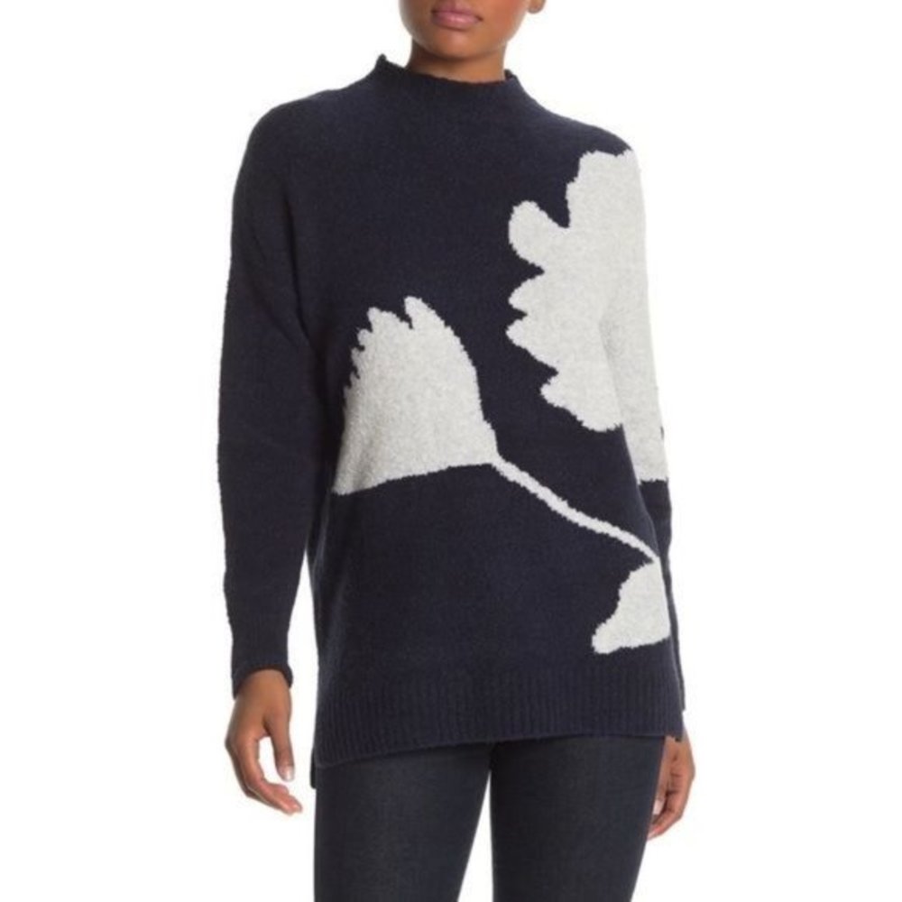 Navy and White Floral Intarsia Women's Sweater